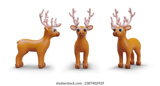 Funny Christmas deer, view from different sides. Color vector character for winter web design. Cute wildlife animal with antlers, Santa helper. Toy brown deer