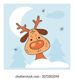 Funny Christmas deer. Winter card. Vector, isolated.