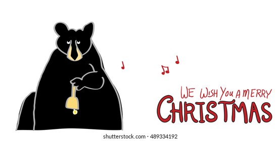 funny Christmas design vector with animal Christmas caroling, hand drawn black bear with bell, singing we wish you a Merry Christmas in red handwriting and typography with musical notes