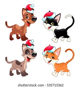 Funny Christmas dogs and cats. Vector isolated animals.