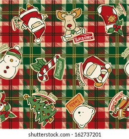 Funny Christmas elements with tartan background -  Vector seamless pattern in custom colors 