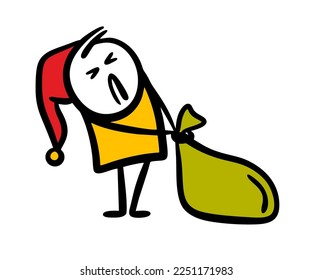 Funny Christmas elf with difficulty drags a bag of gifts and winces. Vector illustration of Santa Claus New Year helper with presents.