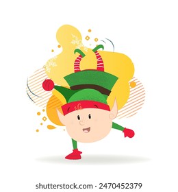 Funny Christmas elf doing handstand. Vector illustration of cartoon element on blue background. Holiday, character, fairy tale. Can be used for greeting card, banner, poster, leaflet