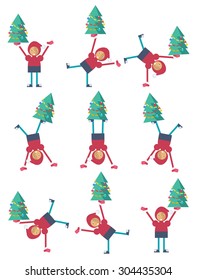 A funny Christmas elf doing a somersault with a Christmas tree