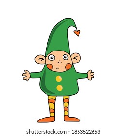 Funny funny Christmas elf .Vector children's design on a white isolated background, for banners and postcards, sticker
