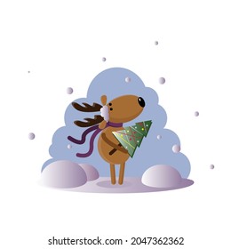 Funny Christmas elk in a scarf and with a Christmas tree among the snow flat vector illustration on blue background