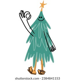 Funny Christmas Fir Tree Character. Cute New Year Concept. Pine Tree with Smiley Face, Boots, Legs and Hands. Happy Xmas graphic element. Isolated Cartoon Hand Drawn Vector illustration