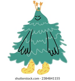 Funny Christmas Fir Tree Character. Cute New Year Concept. Pine Tree with Smiley Face, Boots, Legs and Hands. Happy Xmas graphic element. Isolated Cartoon Hand Drawn Vector illustration