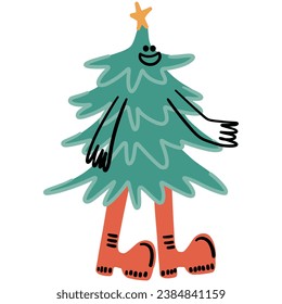 Funny Christmas Fir Tree Character. Cute New Year Concept. Pine Tree with Smiley Face, Boots, Legs and Hands. Happy Xmas graphic element. Isolated Cartoon Hand Drawn Vector illustration