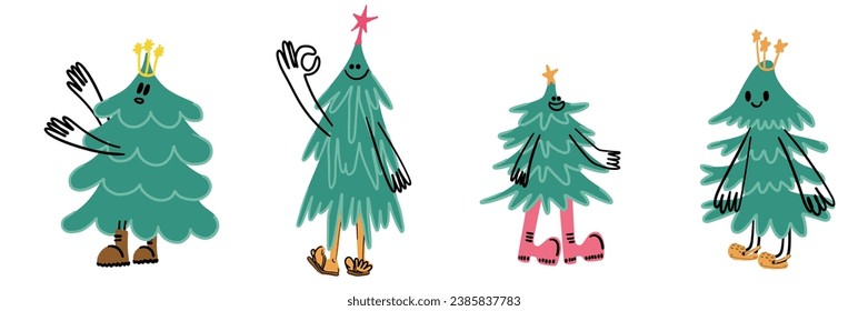 Funny Christmas Fir Tree Characters Set. Cute New Year Concept. Pine Tree with Smiley Face, Boots, and Hands. Happy Xmas graphic elements collection. Isolated Cartoon Hand Drawn Vector illustration