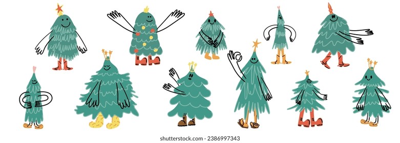 Funny Christmas Fir Tree Characters Set. Cute New Year Concept. Pine Tree with Smiley Face, Boots, and Hands. Happy Xmas graphic elements collection. Isolated Cartoon Hand Drawn Vector illustration