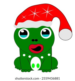 Funny Christmas frog clipart. Green amphibian wearing a Santa hat. Ideal for festive illustrations.