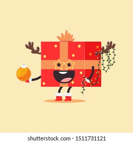 Funny Christmas gift box with bow, reindeer antler and light garland vector cartoon character isolated on background.