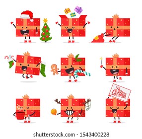 Funny Christmas gift box with bow vector cartoon characters set isolated on a white background.