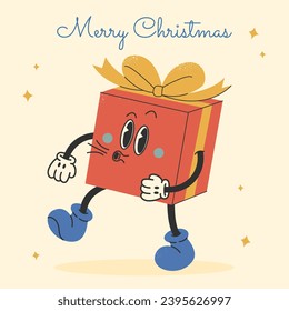 Funny Christmas gift. Cartoon style character with funny face. Merry Christmas, New year concept. Cute Christmas present with hands, legs. Hand drawn 