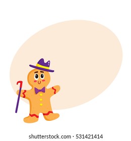 Funny Christmas gingerbread in hat and bow tie, cartoon vector illustration on background with place for text. Xmas ginger man, traditional festive cookie, Christmas decoration element