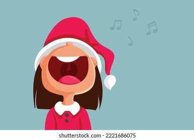 
Funny Christmas Girl Singing Loud Carols Vector Cartoon Illustration. Happy caroler performing live having a bad voice 
