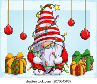 Funny Christmas gnome character surrounded by Christmas tree lights and gifts on his sides