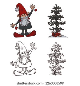 Funny Christmas gnome dressed in the red cap, gloves and red shoes with Christmas tree