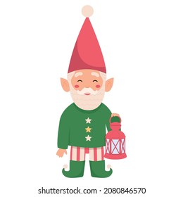 Funny Christmas gnome isolated on white background. Santa elf with a lantern.