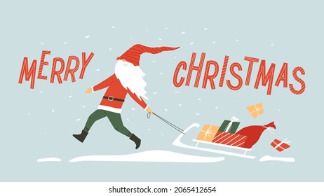 Funny Christmas gnome running with sleigh and scatters gifts, red sack. Humorous card with happy dwarf in Santa costume, long stripped cap, Hand written text, snow on blue background. Winter banner.