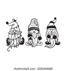 Funny Christmas gnomes, vector characters, linear art.