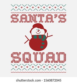 Funny Christmas graphic print, t shirt design for ugly sweater xmas party. Holiday decor with text - Santa's Squad, snowman and ornaments. Fun typography tee template. Stock vector