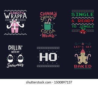 Funny Christmas Graphic Prints Set, T Shirt Designs For Ugly Sweater Xmas Party. Holiday Decor With Jingle Bells, Snowman, Gingerbread Texts And Ornaments. Fun Typography. Stock Vector Background