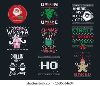 Funny Christmas graphic prints set, t shirt designs for ugly sweater xmas party. Holiday decor with xmas tree, santa, gingerbread texts and ornaments. Fun typography. Stock vector