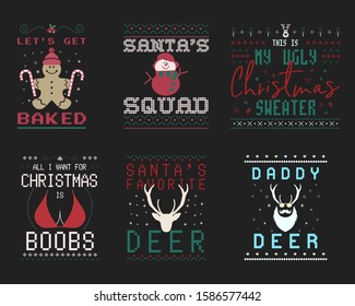 Funny Christmas graphic prints set, t shirt designs for ugly sweater xmas party. Holiday decor with xmas tree, santa, deers, texts and ornaments. Fun typography badges. Stock vector