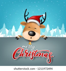 Funny Christmas Greeting Card, With Deer on snow falls background, vector illustration.