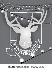Funny christmas greeting card with deer head, garlands of lights. Vector illustration