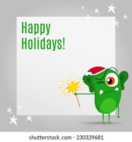 Funny Christmas greeting card design with cute grumpy monster on grey background with stars and space for text, 2015