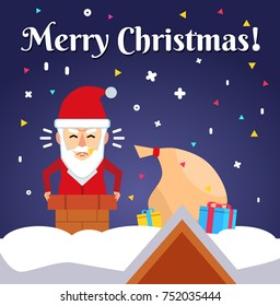 Funny Christmas greeting card design. Santa Claus stuck in chimney. Flat style vector illustration