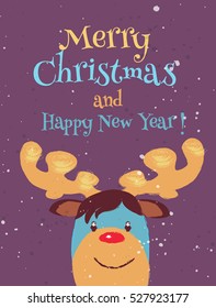 Funny Christmas Greeting card and rudolph reindeer red nose  Vector cartoon illustration christmas reindeer in hand draw style 