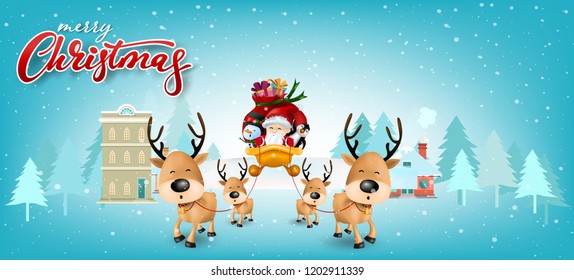 Funny Christmas Greeting Card, With Santa Claus, Deer, Snowman and penguin, vector illustration.