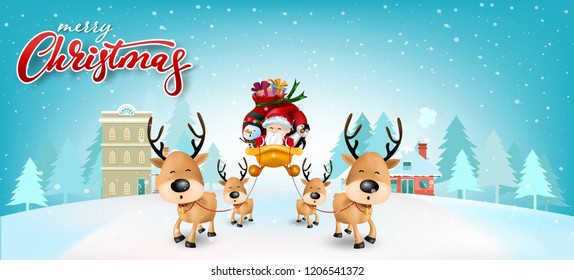 Funny Christmas Greeting Card, With Santa Claus, Deer, Snowman and penguin, vector illustration.