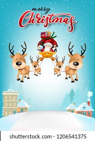 Funny Christmas Greeting Card, With Santa Claus, Deer, Snowman and penguin, vector illustration.