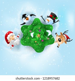 Funny Christmas Greeting Card, With Santa Claus, Deer, Snowman and penguin, vector illustration.