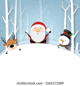 Funny Christmas Greeting Card, With Santa Claus and Snowman happiness with snowflake, vector illustration.
