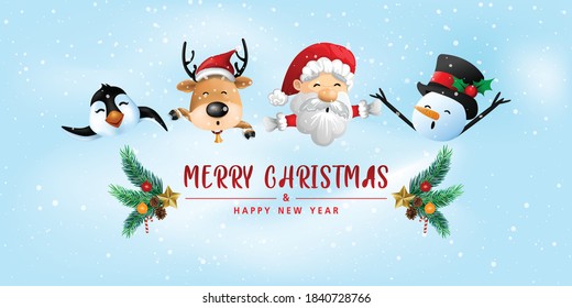 Funny Christmas Greeting Card, With Santa Claus, Deer, Snowman and penguin, vector illustration.
