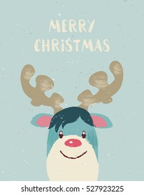 Funny Christmas Greeting card and winter rudolph reindeer red nose  Vector cartoon illustration christmas reindeer in hand draw style 
