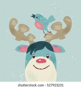 Funny Christmas Greeting card and winter rudolph  reindeer red nose  Vector cartoon illustration christmas reindeer in hand draw style 