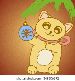 Funny Christmas hand-drawing in the form of isolated small little kitten standing on hind legs and playing with blue Christmas toys hanging on a Christmas tree branch.