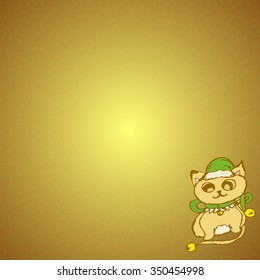 Funny Christmas hand-drawing in the form of isolated small little kitten dressed in a green suit a Christmas elf in the bottom right corner on a bright gold retro background.