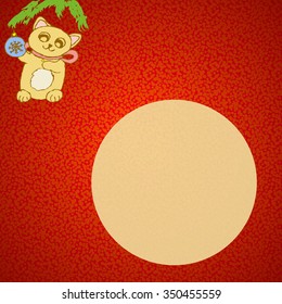 Funny Christmas hand-drawing in the form of isolated small little kitten standing on hind legs and playing with blue toy hanging on a Christmas tree on a red retro background with place for text .
