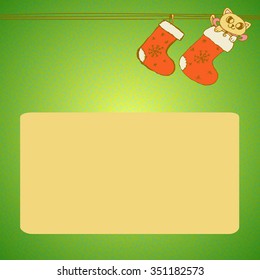 Funny Christmas hand-drawing in the form of isolated small kitten in a red Christmas socks on frame for your text on a bright green retro background.