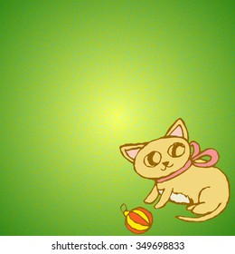 Funny Christmas hand-drawing  pattern in the form of isolated small little kitten playing with Christmas toy in the corner, creating a place for text on a bright green background.