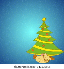Funny Christmas hand-drawing as a small little kitten sleeping under the Christmas tree on a bright blue retro background in the lower right corner of the picture.