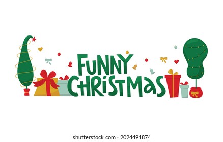 Funny Christmas handwritten lettering sign and Grinch tree   gift boxes  Vector stock illustration isolated white background for template design Christmas sale  greeting card  invitation  EPS10